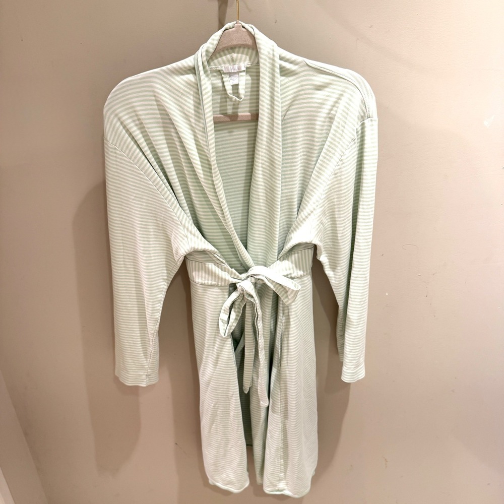 LAKE Pajamas Womens Medium Mint Green Striped 100% Pima Cotton Short Robe Wrap